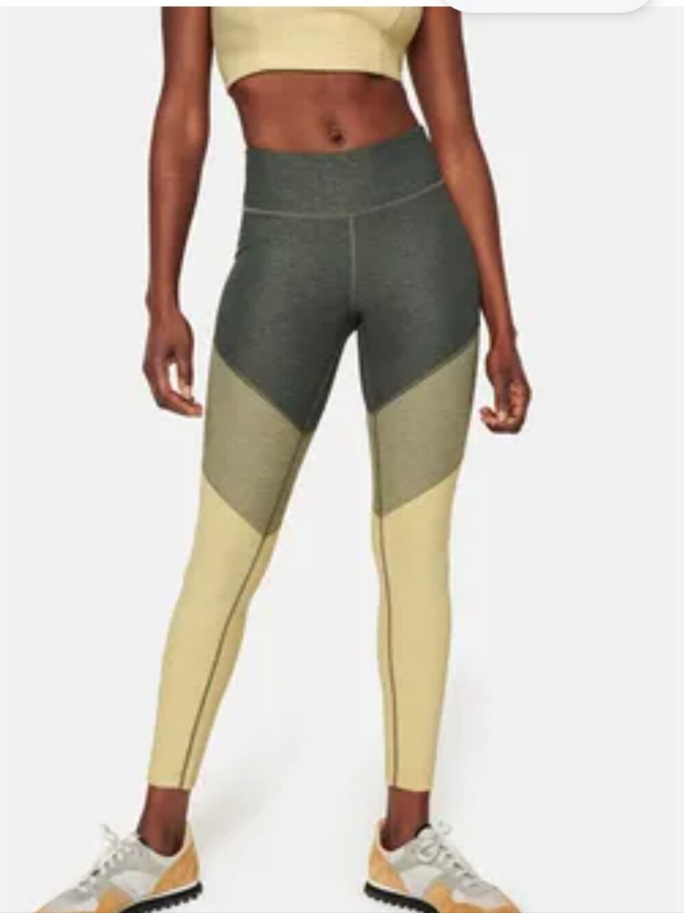 Outdoor Voices Two-Tone High-Rise Leggings in Olive Green and Light Yellow